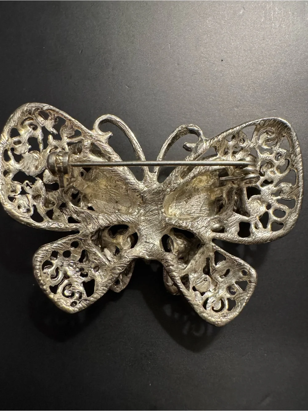 Ornate Silver Tone Butterfly Brooch